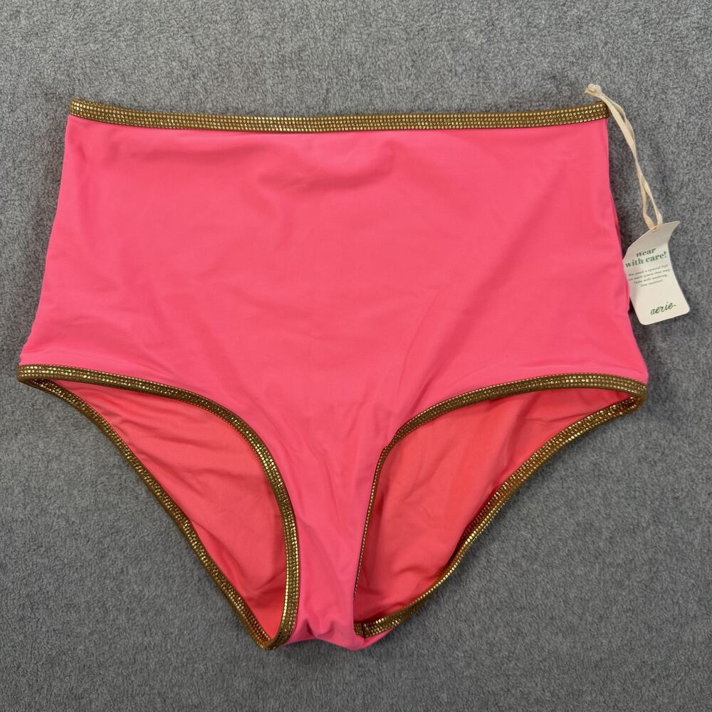 Aerie High Waisted Full Coverage Bikini Bottom Swim Size Small Pink Gold Trim